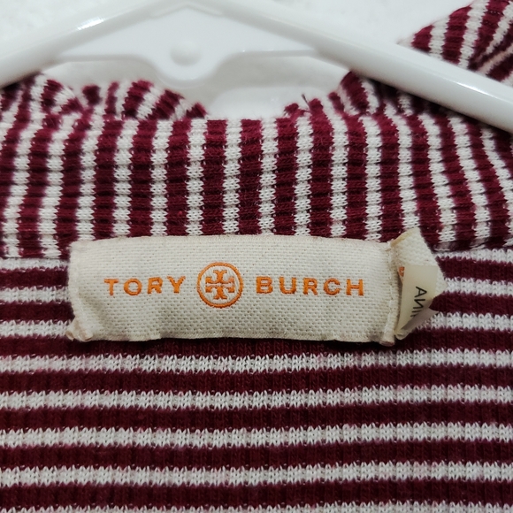 Tory Burch red white stripe ruffle Lidia polo top - Picture 7 of 8